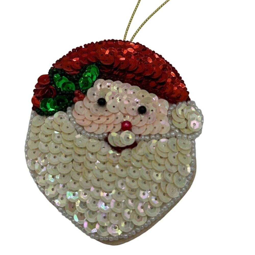 Vintage Santa Hanging Ornament Sequin Flat Face
